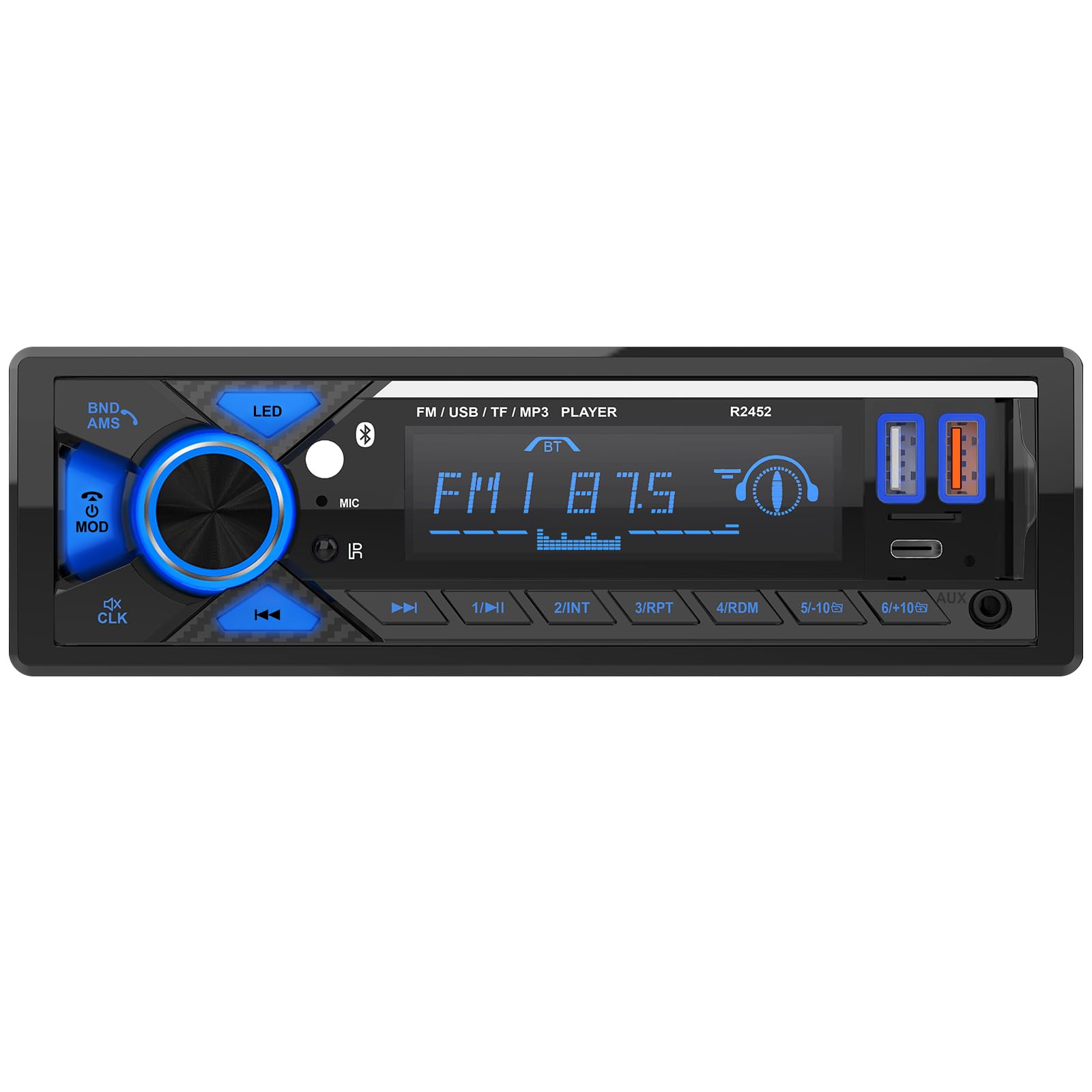 RDS Autoradio Bluetooth,CENXINY Poste Radio Voiture Bluetooth avec Port de Charge Type-C, éclairage LED,FM 1Din Autoradio avec 7 éclairages colorés/2 lecteurs USB/AUX/SD/MP3