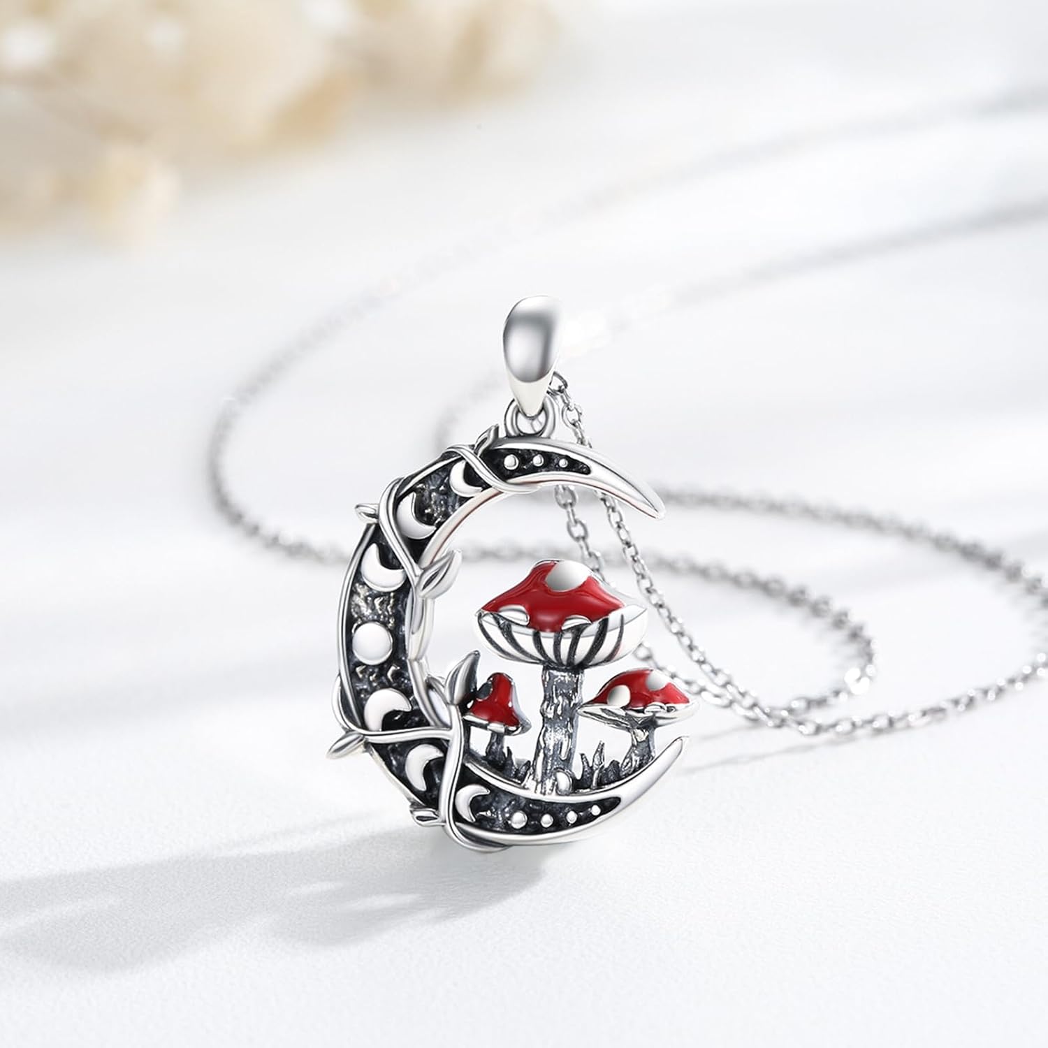 TRISHULA Moon Mushroom Necklace 925 Sterling Silver Mushroom Pendant Moon Phase Necklaces Mushroom Jewelry Gift for Women Mushroom Lover Anniversary Christmas Gift - Image 2