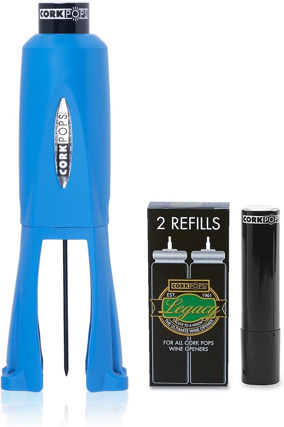 Cork Pops Legacy Wine Opener w/ 3 Refill Cartridges Built-in 4-Blade Foil Cutter Safe Cork Removal, Effortless Push Button Use, Needle Guard for Safety, Low-Pressure Cartridge Opens Up To 60 Bottles