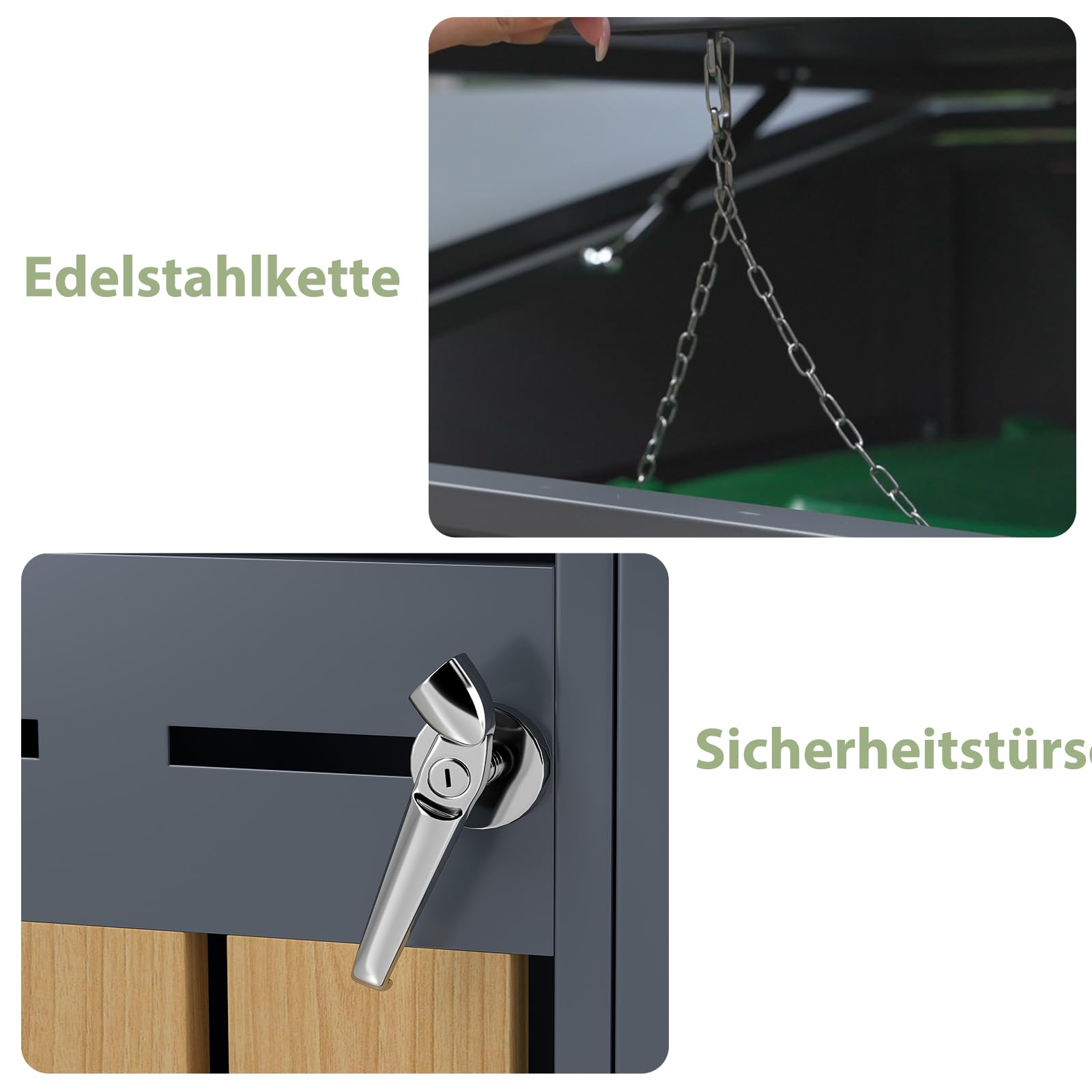 Mülltonnenbox für 3 Mülltonnen von 120-240 Litern, aus verzinktem Stahl in Anthrazit, abschließbare Gartenbox, Tonnenhaus, Müllbox mit schrägem Dach.