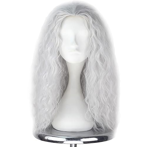 iCos Old Lady Wig Long Curly Fluffy Dirty Silver Grey Witch Hair Wig Grandma Wig Halloween Costume Movie Cosplay Punk Wig Adult Men Women Wig