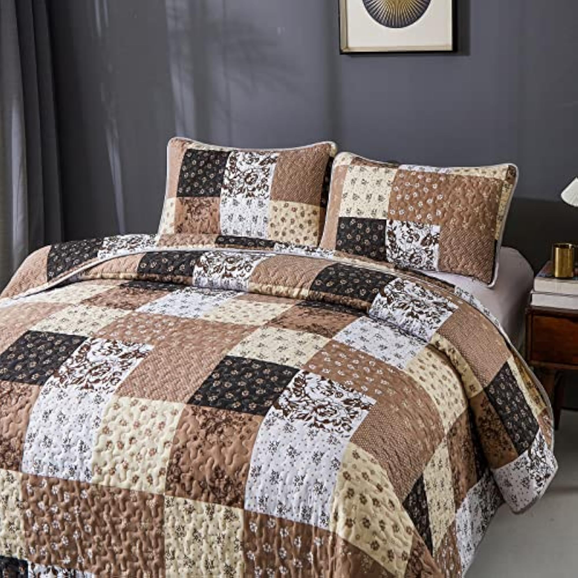 3pc Queen Size Floral Patchwork Quilt Set, Black White
