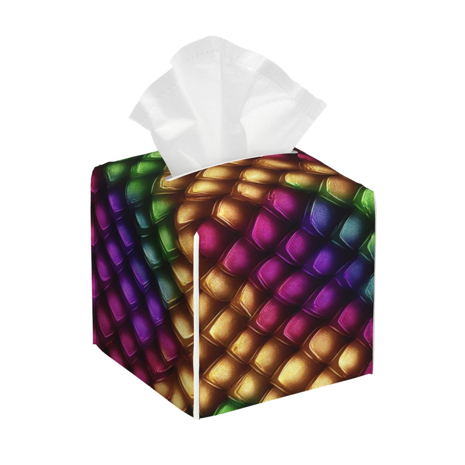 Dragon Scale in Rainbow Colours Tissue Box Cover Square Pu Leather Waterproof Tissue Box Holder for Car Bathroom Bedroom Office Tabletop Decor