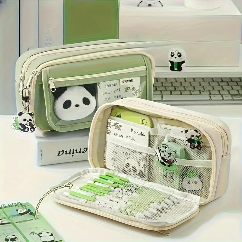 Image of Panda Pencil Case,Cute Design Large Capacity with Transparent Window, Includes Panda Doll and Stickers (Cream Yellow)