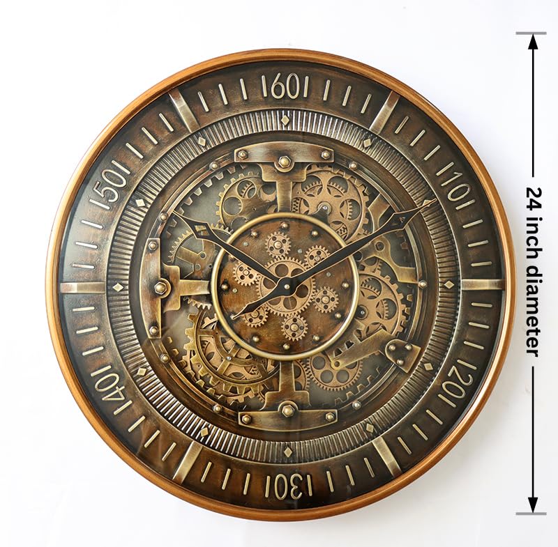 Image of ORBICA Helix Bronze 24 Inch Gear Wall Clock | Vintage Bronze Wall Clock | Large Decorative Designer Clock | Luxury Home Decor | Mechanical Moving Gear Style