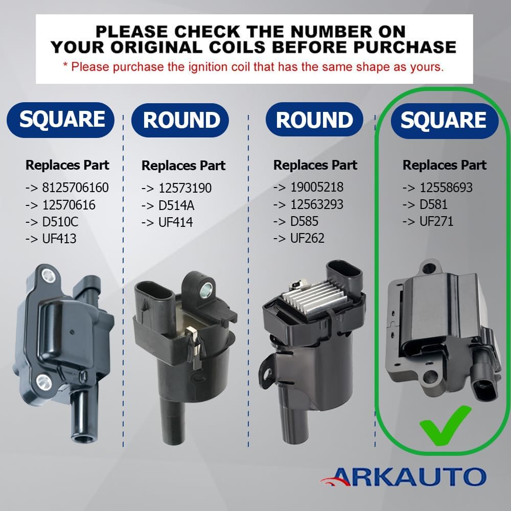 Set of 8 Square Performance Ignition Coil Pack Compatible with Cadillac Chevy GMC Escalade Avalanche Silverado Suburban Tahoe Topkick Savanna Sierra Yukon 4.8L 5.3L 6.0L 8.1L UF271 D581