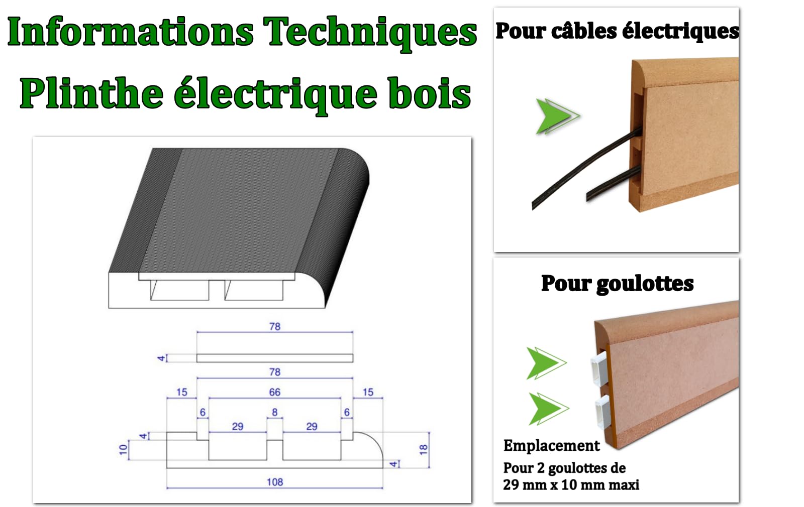 MadeInNature Plinthe électrique bois à peindre, Plinthe Bois MDF Naturel robuste, Plinthe passe câbles facile à poser, hauteur 10.8 cm, Fabrication Française longueur au choix (Naturel, 12 mètres)