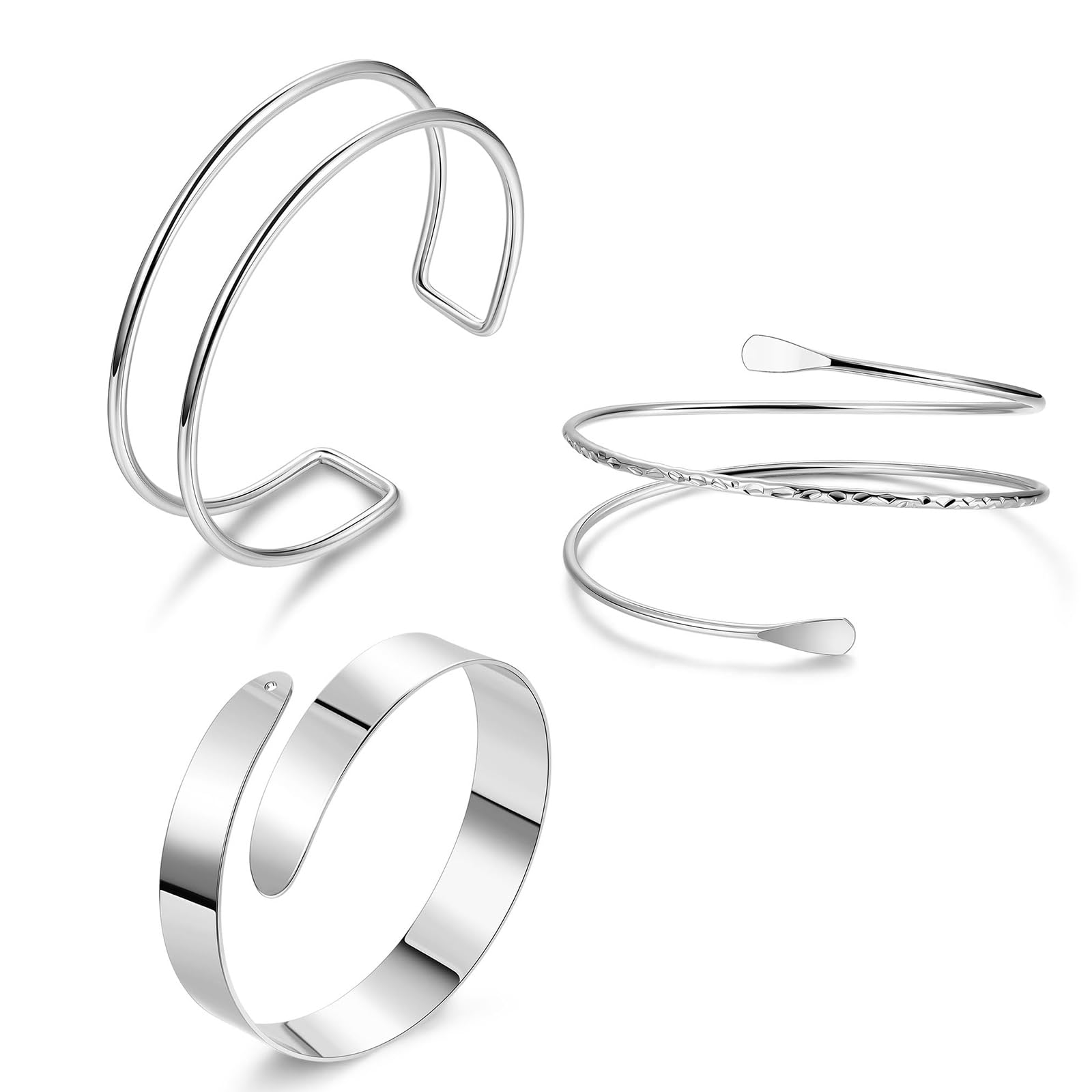 TELAIN Oberarmreif Silber Set Oberarmreif Armreif con 3 Brazaletes de Plata, Ajustable y Minimalista, Boho Brazalete Plata 925 para Mujer, Pulsera Enrollada para Mujer (Estilo 5)