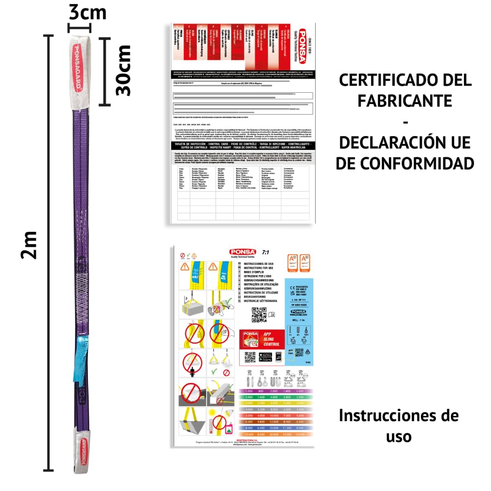 PONSA Eslinga de elevación de Bucle de Doble Capa 1.000 kg 2m 3cm PONSAGARD Pack 2 uds.