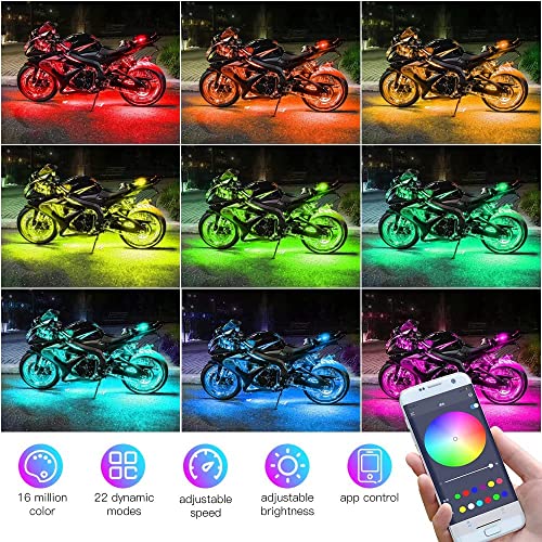 Kairiyard 8Pcs Motorcycle Underglow Led Light Kit, App Control Multicolor Motorcycle Led Light Kit Music Sync Rgb Strips Light Waterproof For Harley Davidson Honda Kawasaki Suzuki #TOP1