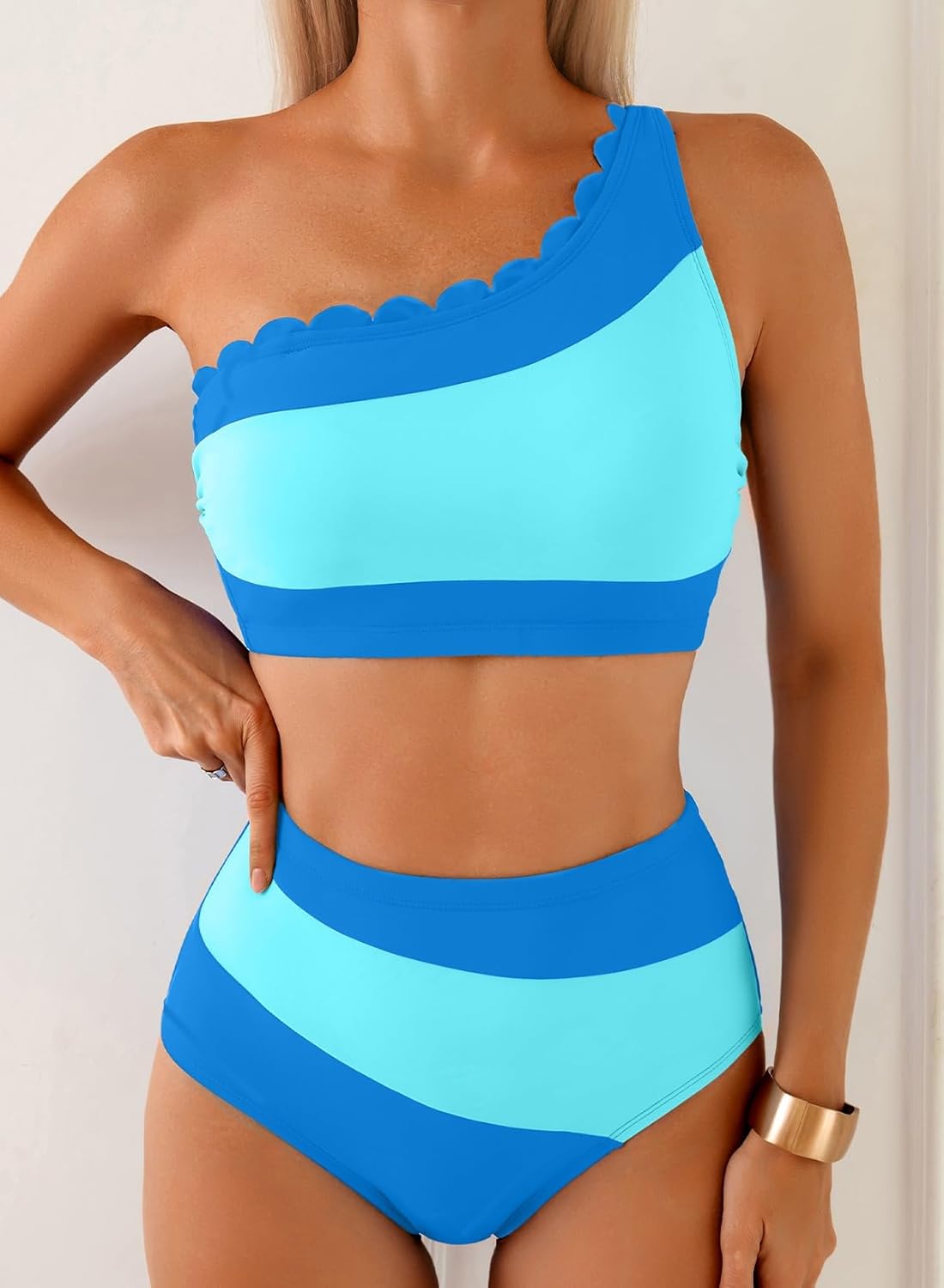 Herseas Women's One Shoulder Petal Edges Bikini Sets Color Block Swimsuits High Waisted Bathing Suits - Image 3