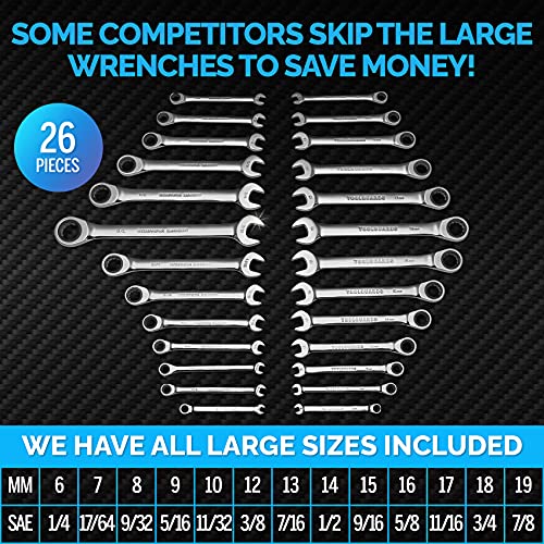 Toolguards Ratcheting Wrench Set 26 Pieces Inch/Mm Slim Profile Ratcheting Wrench Set With Rack Organizer - Wrenches Set- 100% Lifetime Satisfaction Guarantee #TOP1