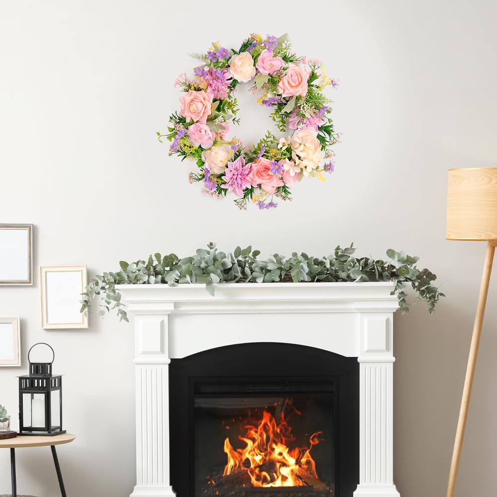 Couronne de printemps de pivoine pour porte d'entrée d'été à l'extérieur, couronnes de roses artificielles de 45,7 cm, couronne de feuilles de verdure pour toutes les saisons, décoration murale