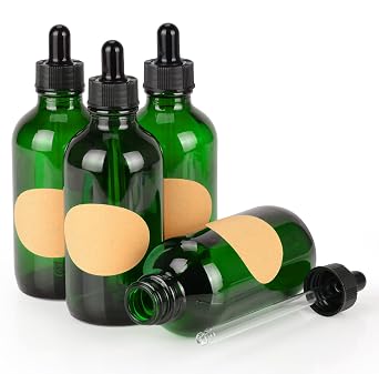 stonylab 4-Pack Glass Dropper Bottle, Empty Glass Bottle with Glass Dropper, Inner Plug and Label for Laboratory Solutions and Chemical Liquids 120 ml, Green