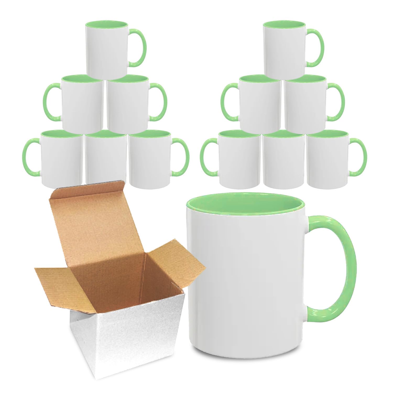 Sublimation Mugs 11oz Blank with Coloured Large Handle & Inner with Box | Durable, Ceramic Orca Finished Mugs Perfect for Custom & DIY Printing, for Loved Ones | Green Bulk Pack of 12 — image 1