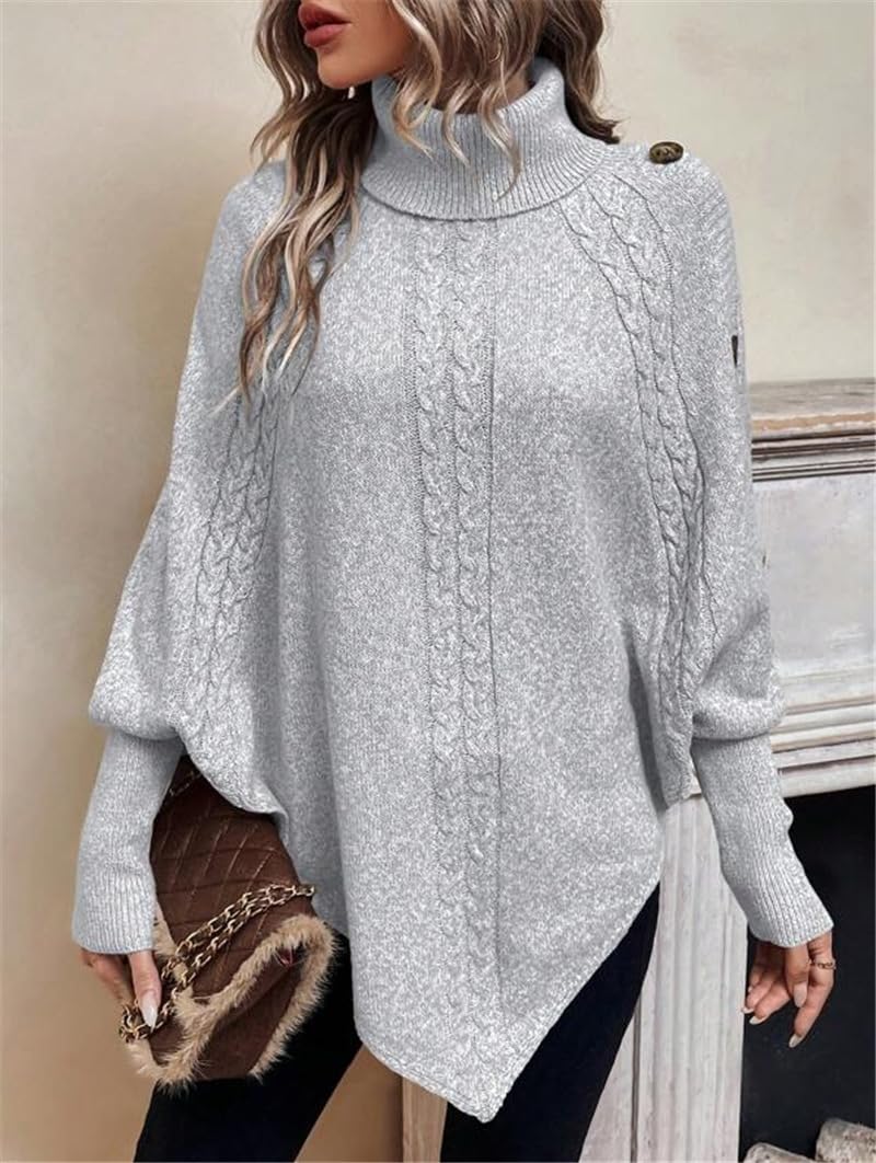 Poncho De Mujer Suéter Tipo Poncho De Punto Para Mujer Con Patrón De Cable Cuello Vuelto Plegado Botones Jersey Holgado Con Mangas De Murciélago Chal Suéteres Prendas De Punto Cálida