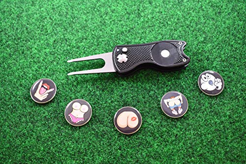 Andoji Golf Divot Repair Tool with 5 Obscene Gesture Ball Markers (Black)
