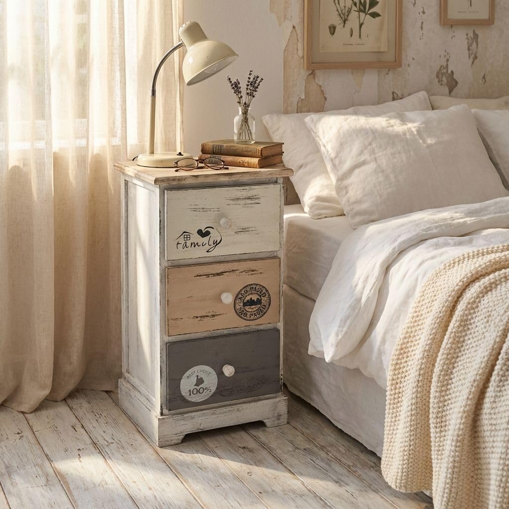 milani home - mobiletto in legno con 3 cassetti, grigio chiaro, stile shabby chic, 29 x 25 x 56 cm