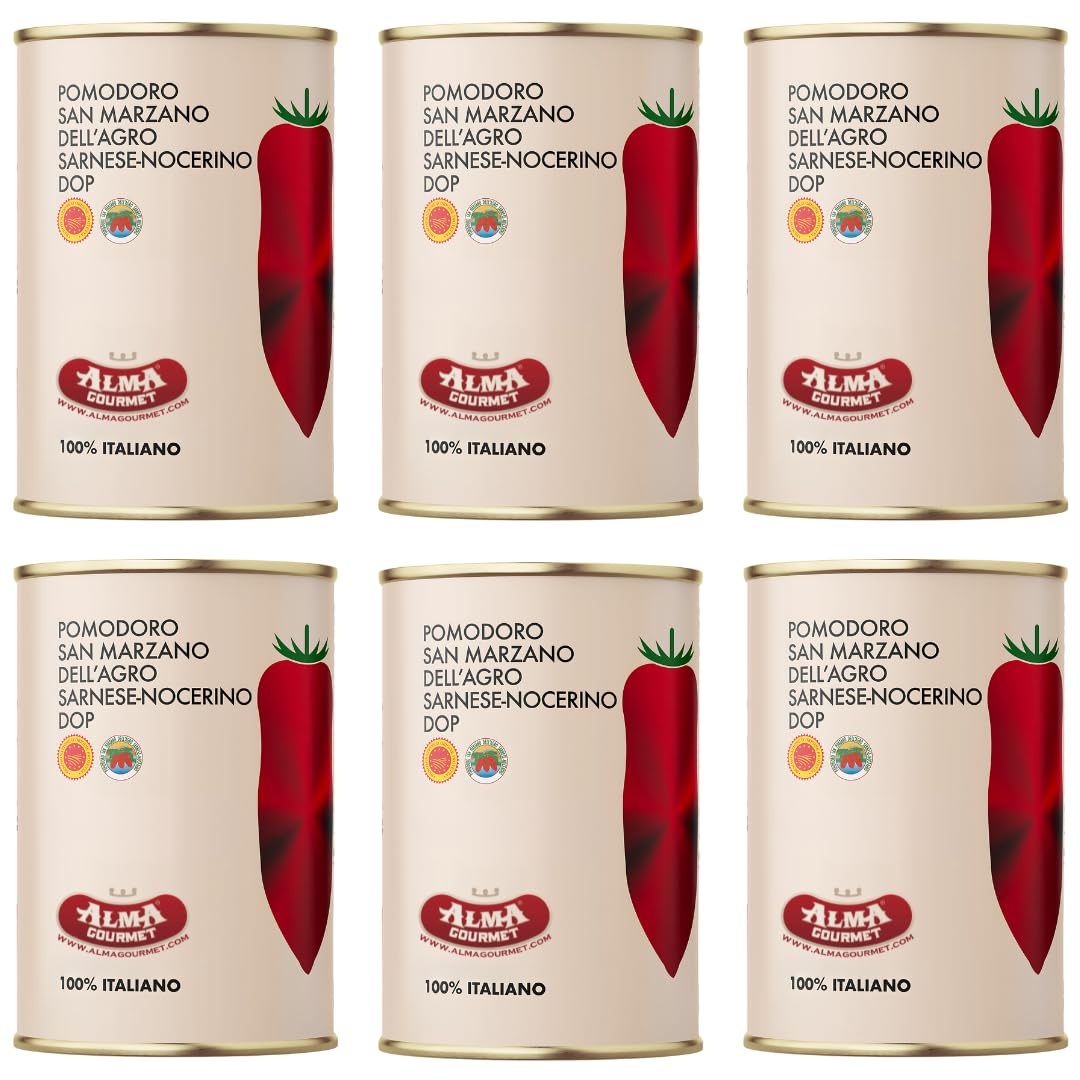 Nolano San Marzano DOP Whole Peeled Tomatoes - Authentic Italian Tomatoes from Agro Sarnese-Nocerino - Sweet, Low-Acidity, Rich in Pulp, Minimal Seeds - Authentic Italian Quality, GMO-Free, No Artificial Preservatives or Additives - 14.1oz (400g) - Pack of 6