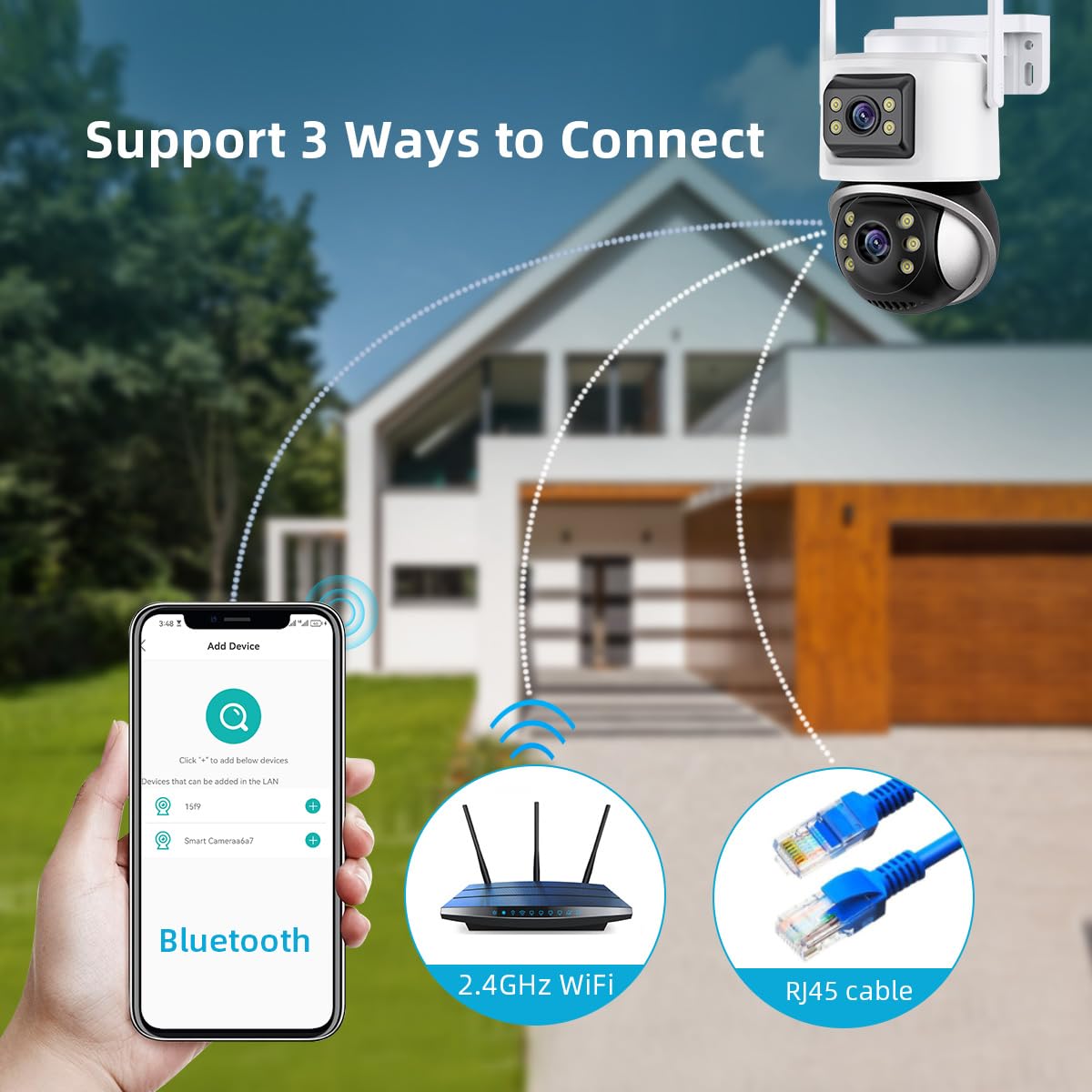 ICSEE - Telecamera di sicurezza WiFi da 6 MP, wireless, doppia lente, PTZ, impermeabile, rilevamento umano, visione notturna a colori, 19,8 m, compatibile con Alexa (doppia lente bianca da 6 MP)