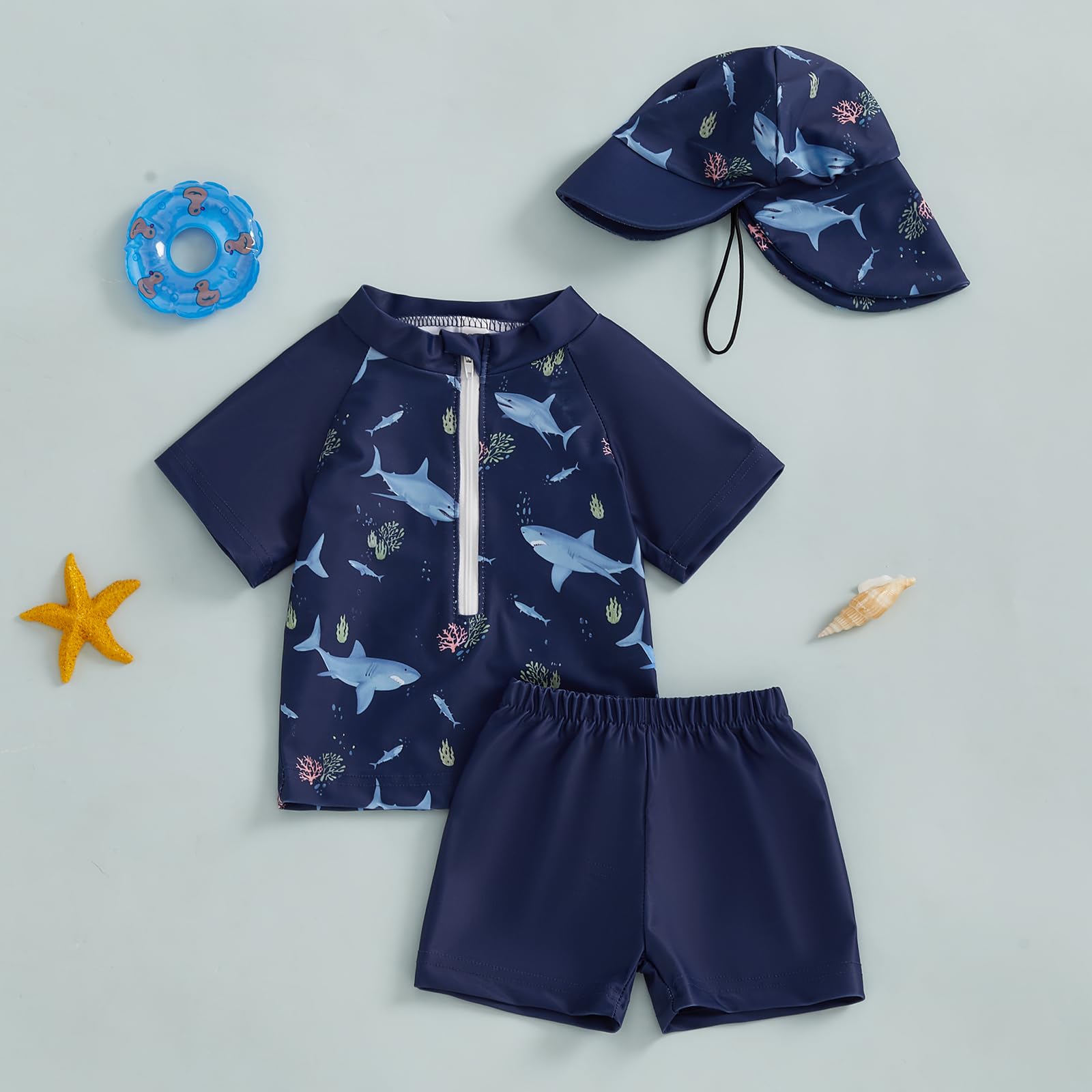 Toddler Baby Boys' 3-Piece Swimsuit Set Short Sleeve Bathing Suit Baby Rash Guard Swimwear with Sun Hat (Shark Blue, 3-4 Years)