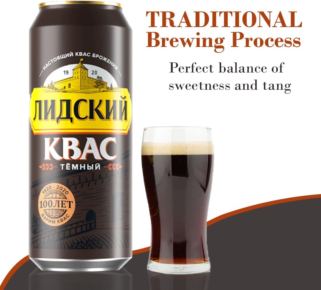 Authentic Eastern European Fermented Kvass LIDSKI Dark Drink - Soft Drink Made with Rye Flour, Rye & Barley Malt – Non Alcohol Russian Soda - 6-Pack of Kvass Drink Can15.20 fl. oz (0.45L)