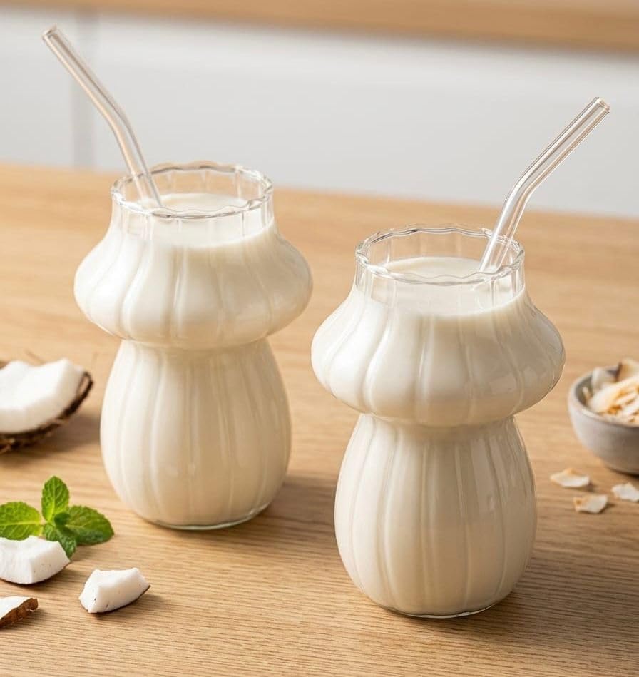 Image of Mushroom Shaped Glass Tumbler with Straw, Ribbed Glass for Juices, Milkshakes, Cold Coffee, Smoothie etc and Other Beverages Pack of 2