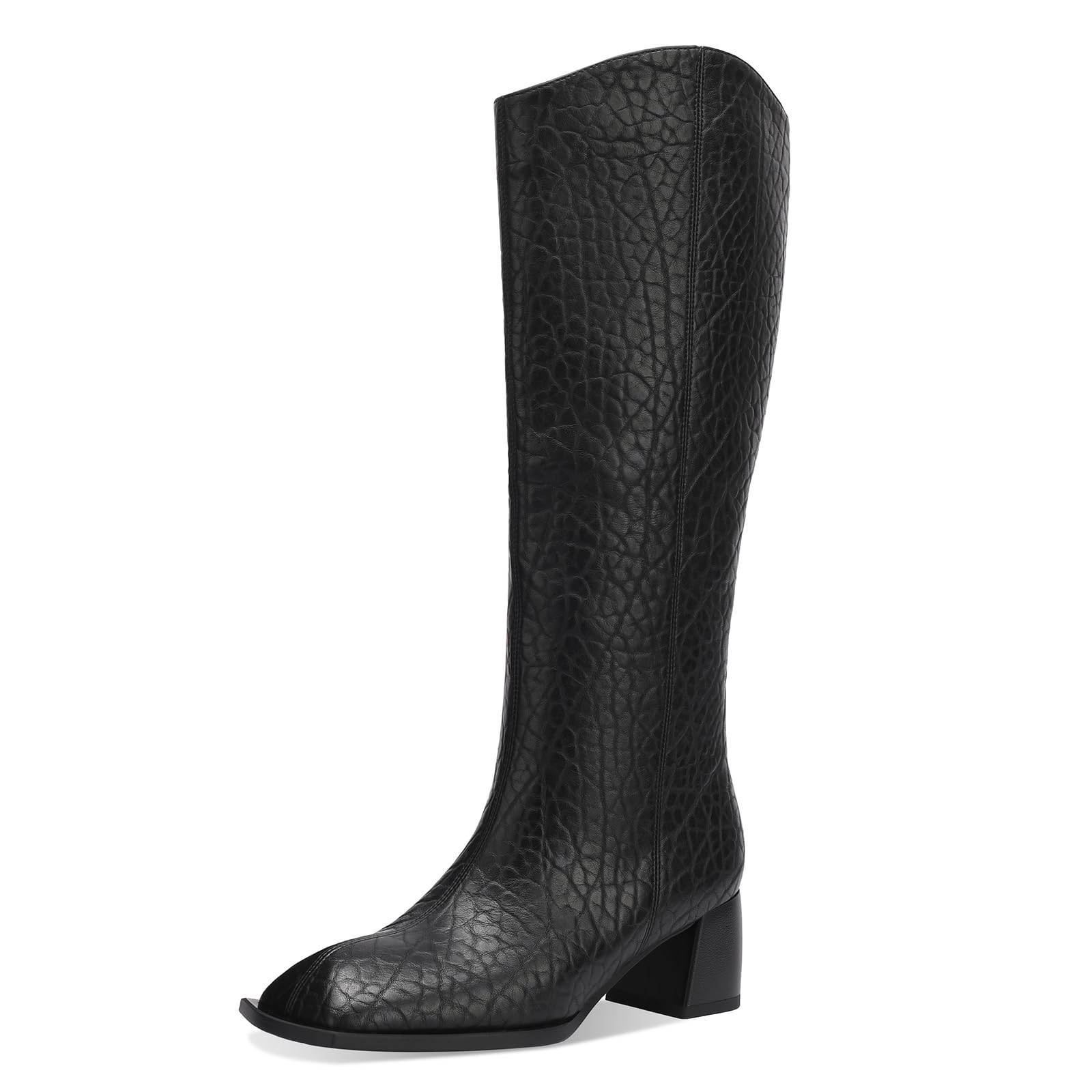 TDD Wide Calf Boots for Women Square Toe Black Knee High Heels Chunky Block Ladies Tall Long Faux