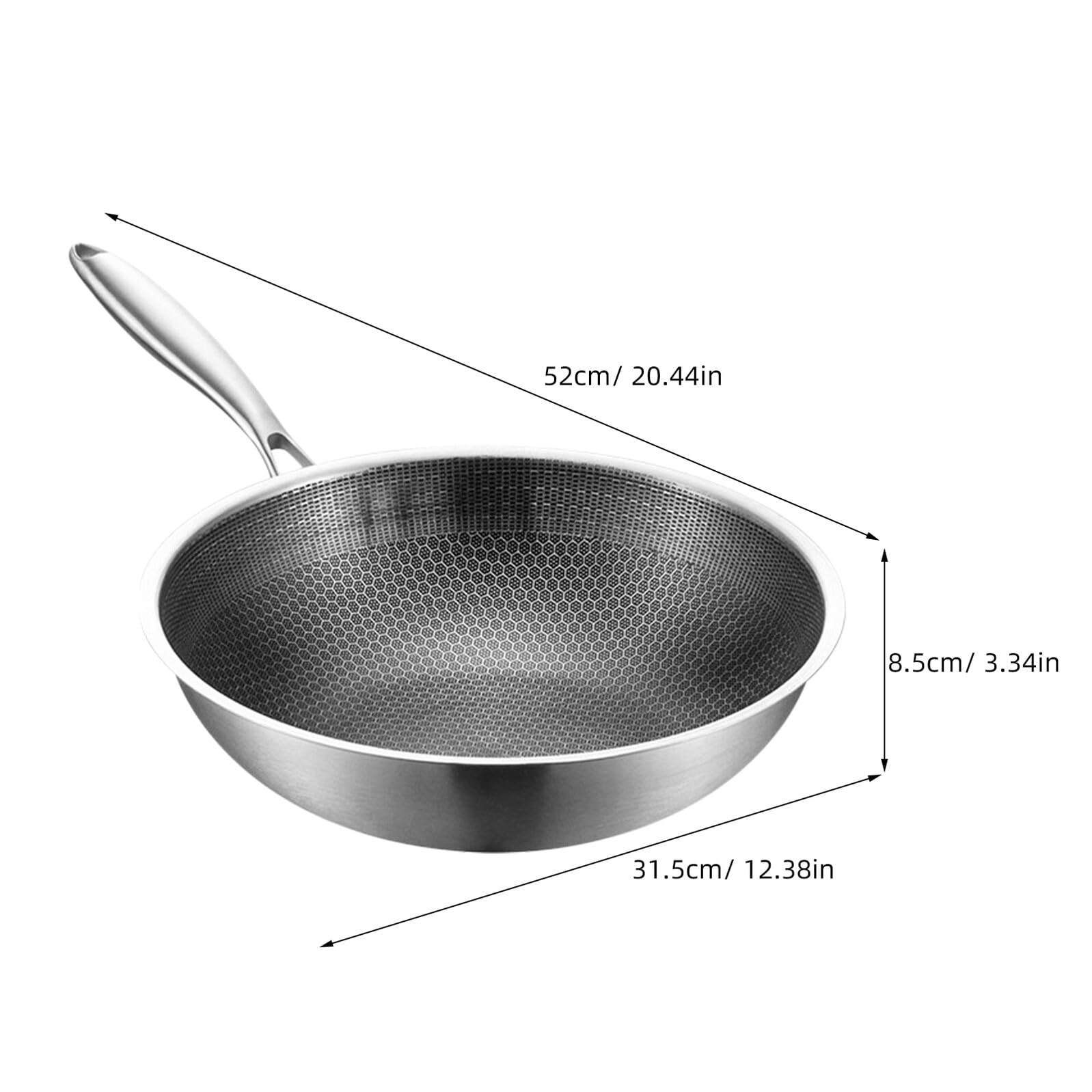Padella Wok in Acciaio Inox 32 Cm Antigraffio Antiaderente Manico Ergonomico per Fornelli a Gas ed Elettrici, Pentola da Cucina Versatile per Friggere Verdure, Carne e Frutti