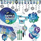 Battle Royal Video Game Birthday Party Supplies Pack For 16 With Plates, Cups, Small Napkins, Paper Tablecover, Swirls, Banner, Cutlery, Candle, Balloons, Add An Age Banner, and Exclusive Pin