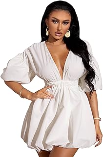 Women's Deep V Neck Puff Sleeve High Rise Flare Dress Elastic Waist Dress - Buy now