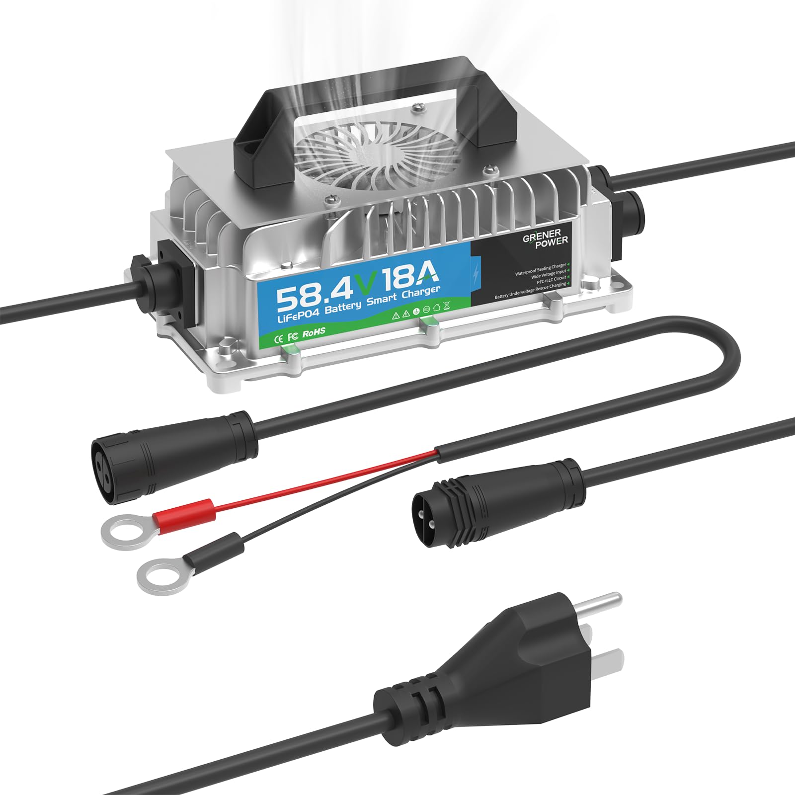 48V 18A Lithium Battery Charger, 1000W Fast Charger, Charging Efficiency ≥ 90%, IP65 Waterproof Anti-Fall with Cooling Fan, Suitable for 48V Golf Cart/Forklift/Marine Lithium Battery