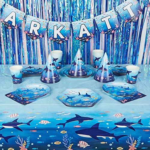 Image of BLUE PANDA Shark Table Cloth - 54 x 108 in, 3-Pack, Plastic - Disposable Table Cover for Shark Party & Birthday Decorations - Ocean Tablecloth for Under the Sea Decor