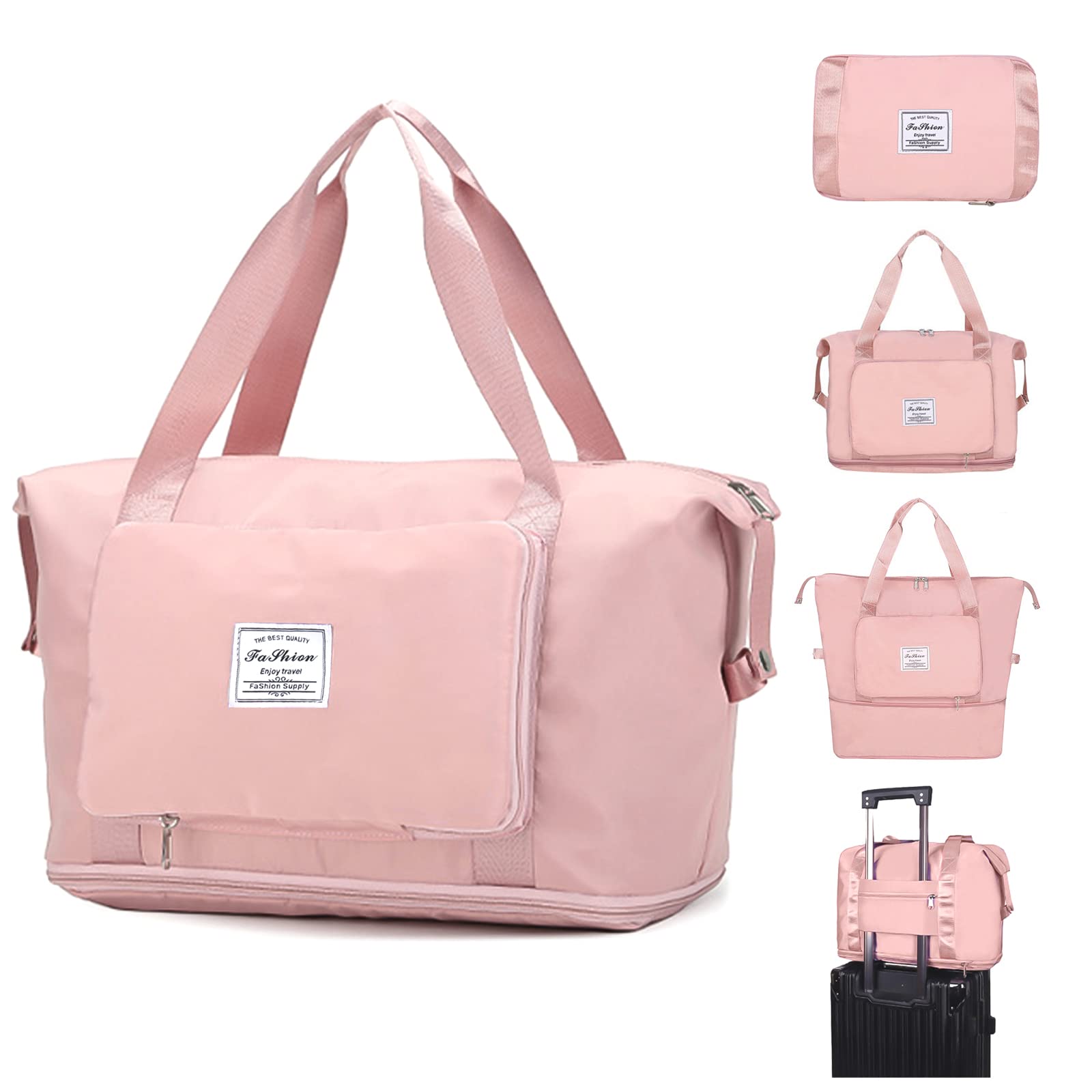 Large Capacity Folding Travel Tote Bag,Oxford Fabric Waterproof Foldable Travel Duffel Bag,Portable Expandable,Dry & Wet Separation Carry On Bag For Airplanes,Bright Pink (Width: 30.5 Cm)-image-48