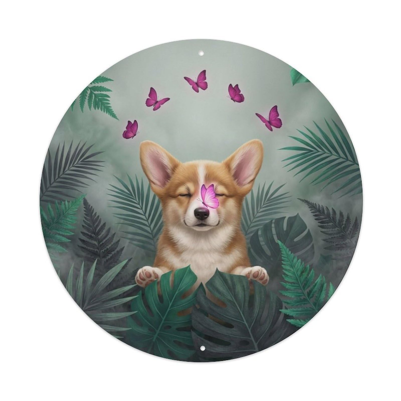 Pink Butterfly Corgi Puppy Kawaii Pet Pastel Woodland Cute Metal Tin Sign Plaque Wall Decor for Cafe, Man Cave, Club Bar, Office, Home Garden Round Metal Poster 8x8Inch