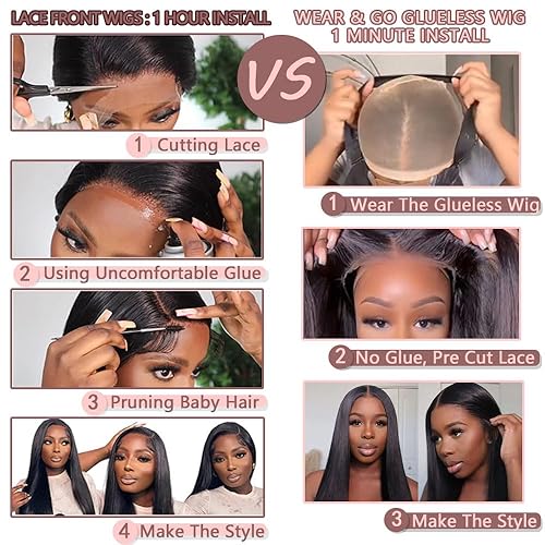 Miniatura 2 de Pelucas de cabello humano sin pegamento de 28 pulgadas para usar y llevar, precortadas para principiantes, pelucas de cabello humano lacio de 13 x 4