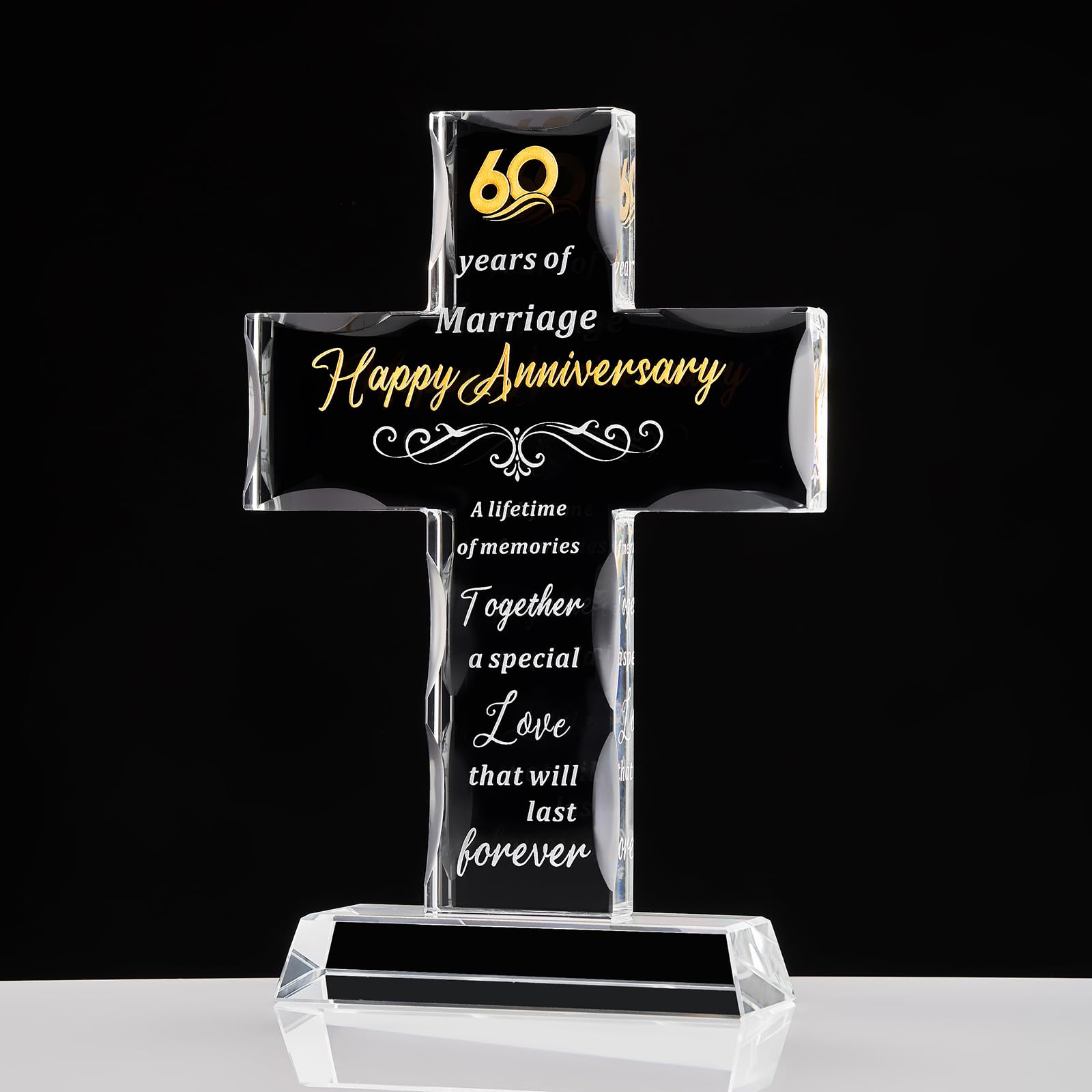 XLSJGYP Happy 60th Wedding Anniversary for Couple Glass Cross Gifts for Wife or Husband 60 years Perfect for her womem Home Decoration (60 years of marriage)
