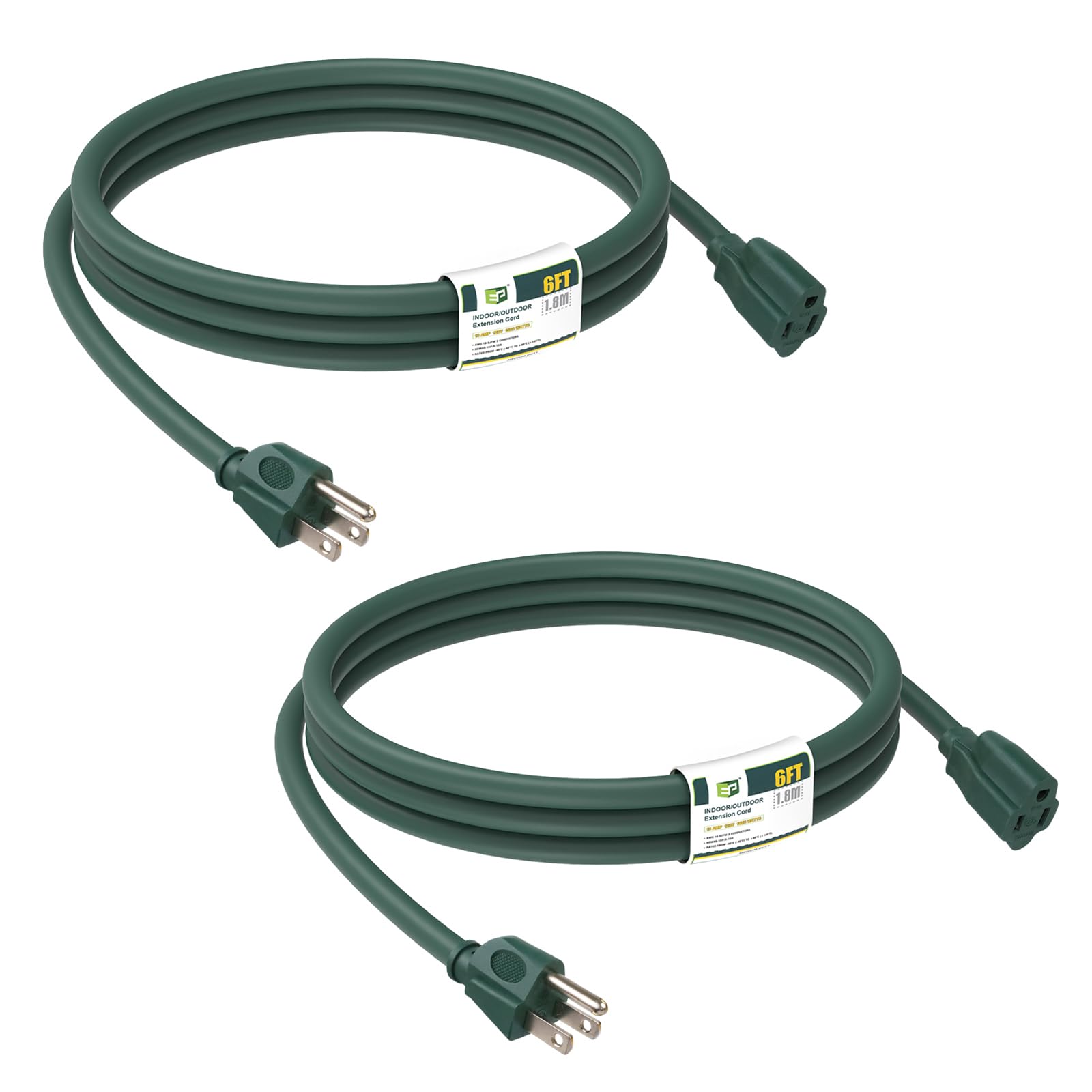 EP 6 FT Outdoor Extension Cord, 16/3 SJTW Heavy Duty Green 2PK, ETL Listed