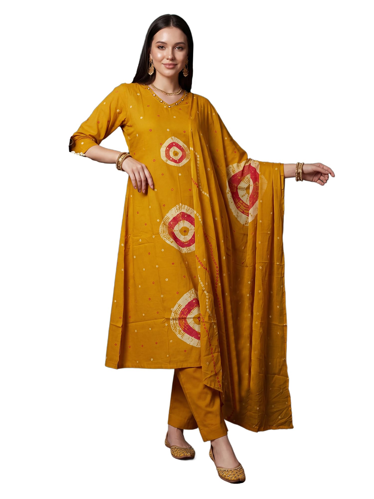 Women's Pure Cotton Tie and Dye Printed Beads and Stones Work Kurta & Pant with Dupatta Set-image-14