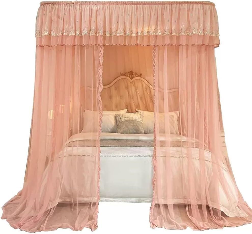 Moustiquaire de lit de luxe rose avec support en U 180x200cm
