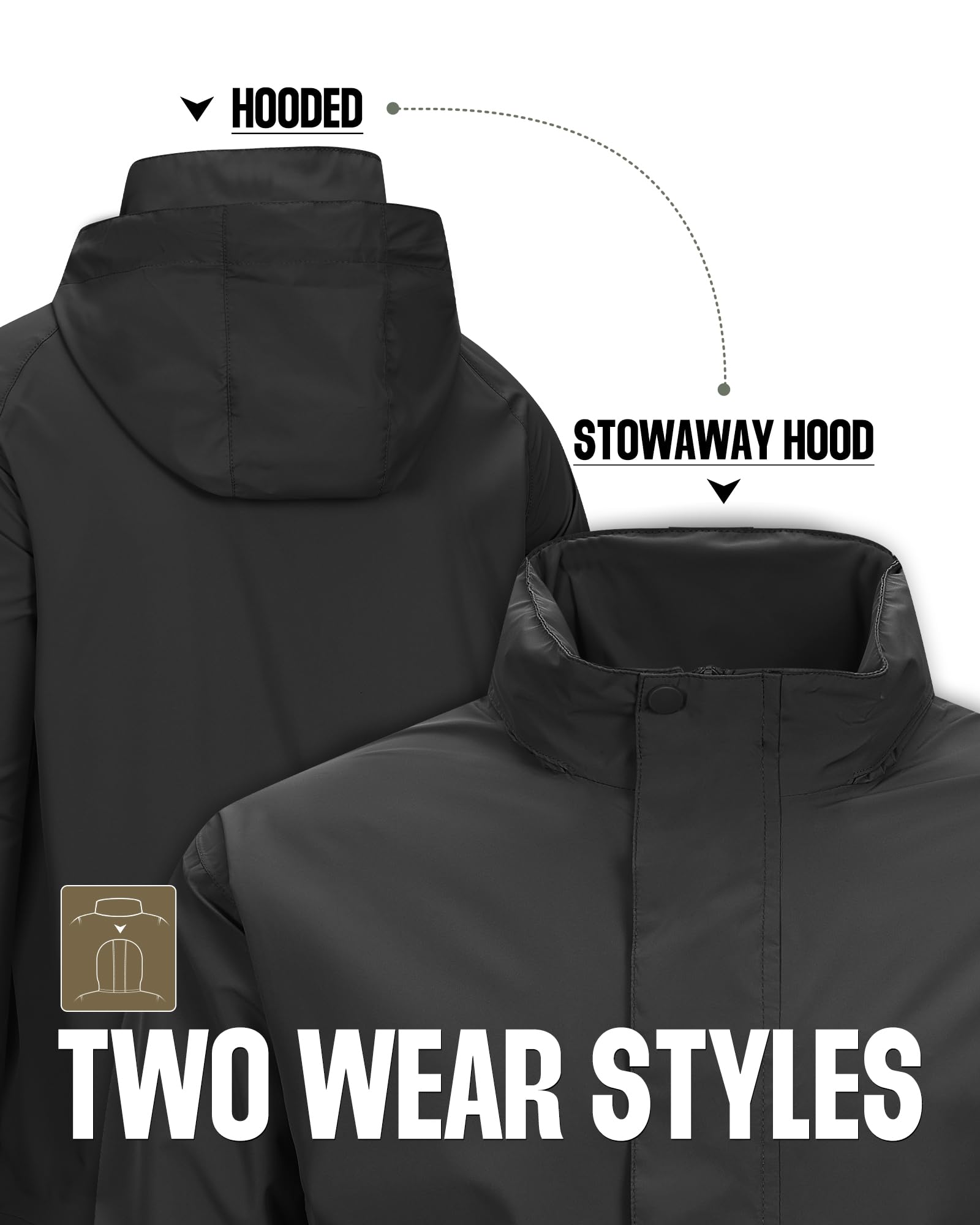 33,000ft Chaqueta impermeable para hombre, transpirable, ligera, para exteriores, cortavientos, con capucha