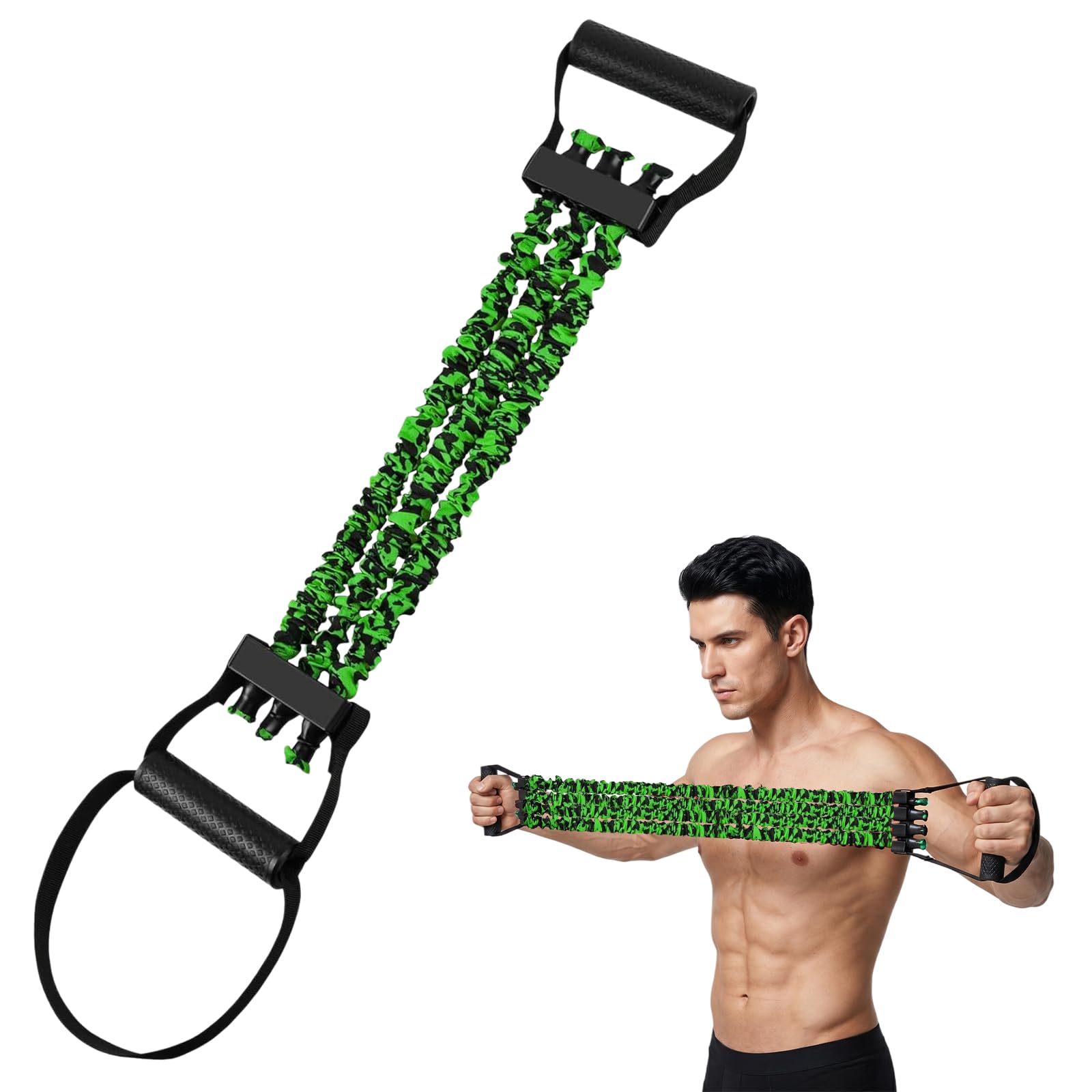 Flintronic Chest Expander, Adjustable 3 Tube Chest Expansion Muscle Puller, Resistance Stretcher with Anti-slip Buckle Handles, Ab Training Auxiliary Device for Strength Training Fitness(Green)