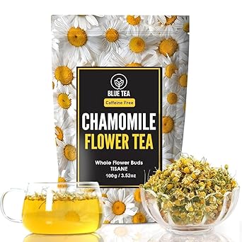 BLUE TEA - Chamomile Tea For Sleep - 100 gm -100 Cups | SLEEP & RELAXATION | Herbal Tea - Caffeine Free - Flower Based - Non-Bitter - Non-GMO | Featured In Shark Tank | Zipper Pack - image, photos