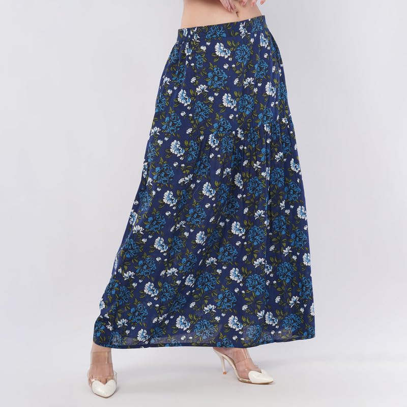 Rabhika Women’s Dark Blue Floral Patterned Pure Cotton Maxi Skirt, Elegant Flowy Long Skirt for Daily Ethnic Wear| S 2