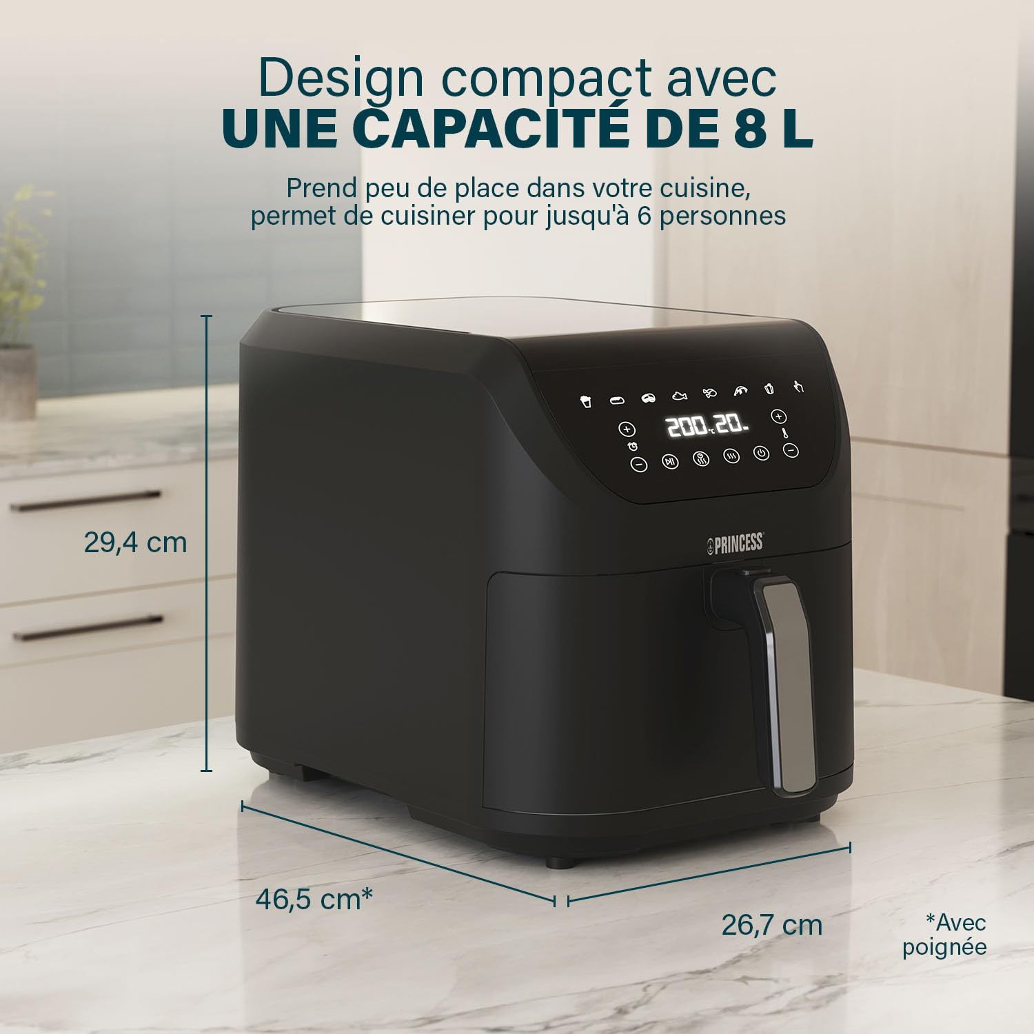 Princess friteuse sans huile SlimFry - Design peu encombrant - Sans BPA - 8 L - 8 programmes - Température & minuterie réglables - 2 000 W - 182256, Noir