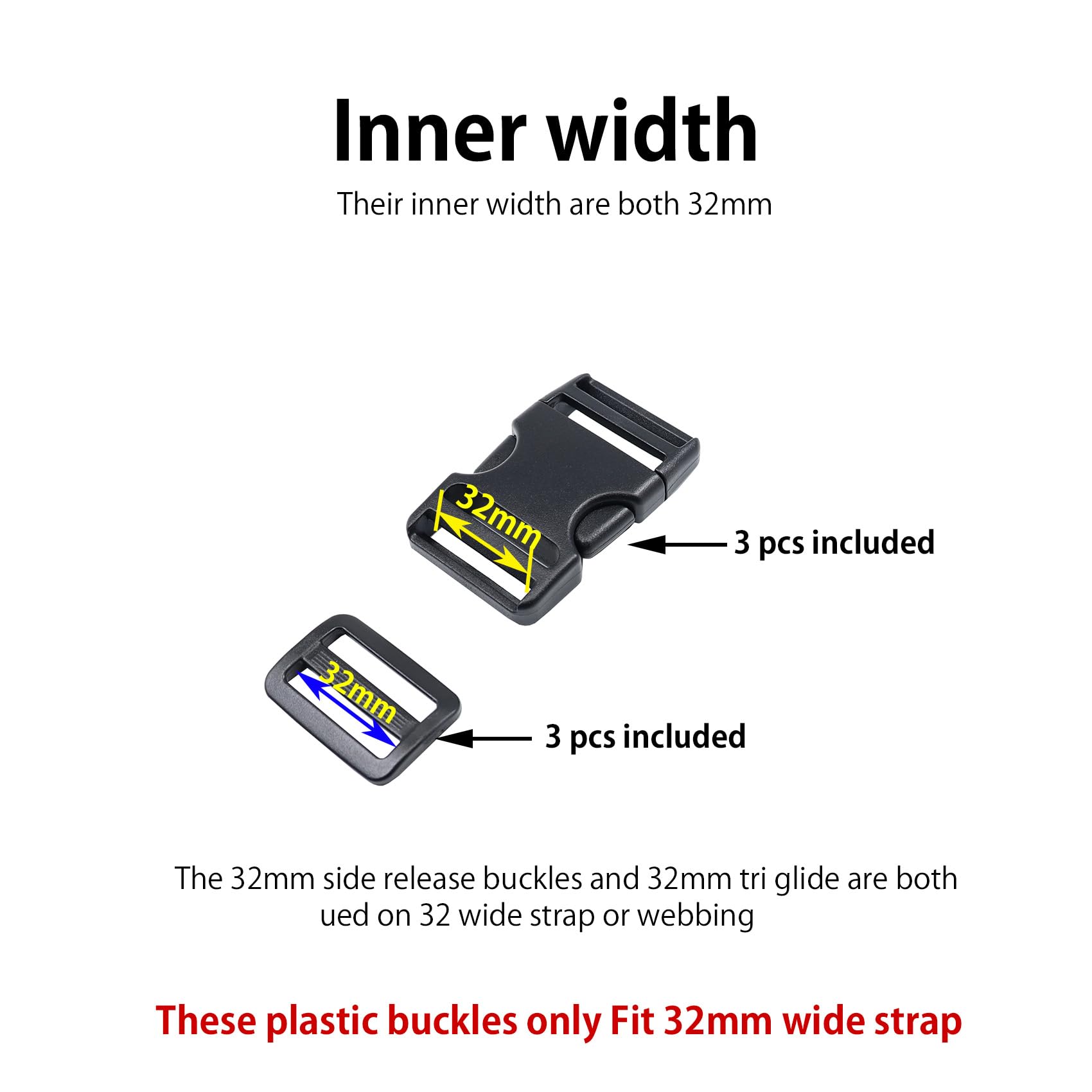 Ahijklmn Plastic Buckles,Plastic Side Release Buckle clips + Tri Glide Slides Heavy Duty Strap Replacement Buckle Clips Snap Sliders for Backpack (32mm - Image 2