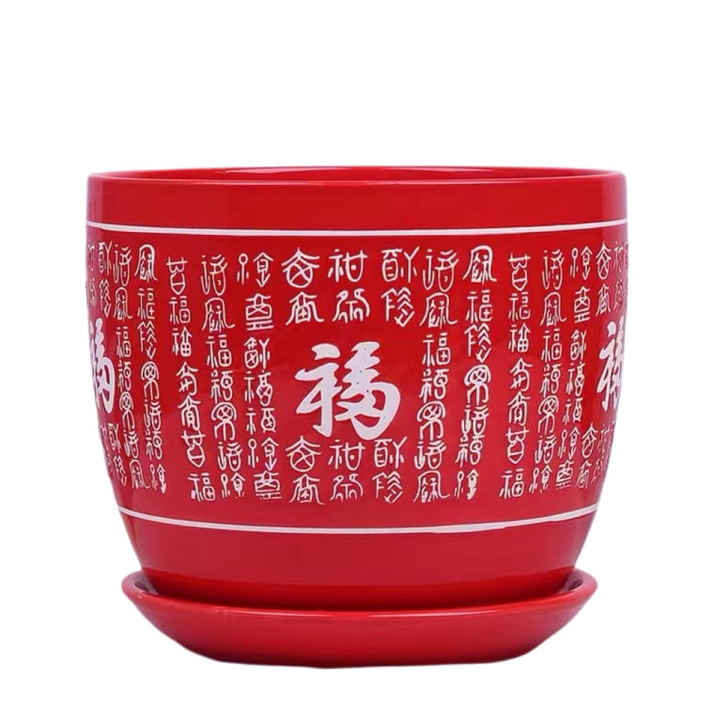 Tiechuiniub Red Ceramic Flower Pot Round Chinese Style Planter Succulent Plant Pot Cactus Plant Pot Decorative Plant Container Handmade Porcelain Planter For Succulents Cactus And Small Flowers-22*19Cm