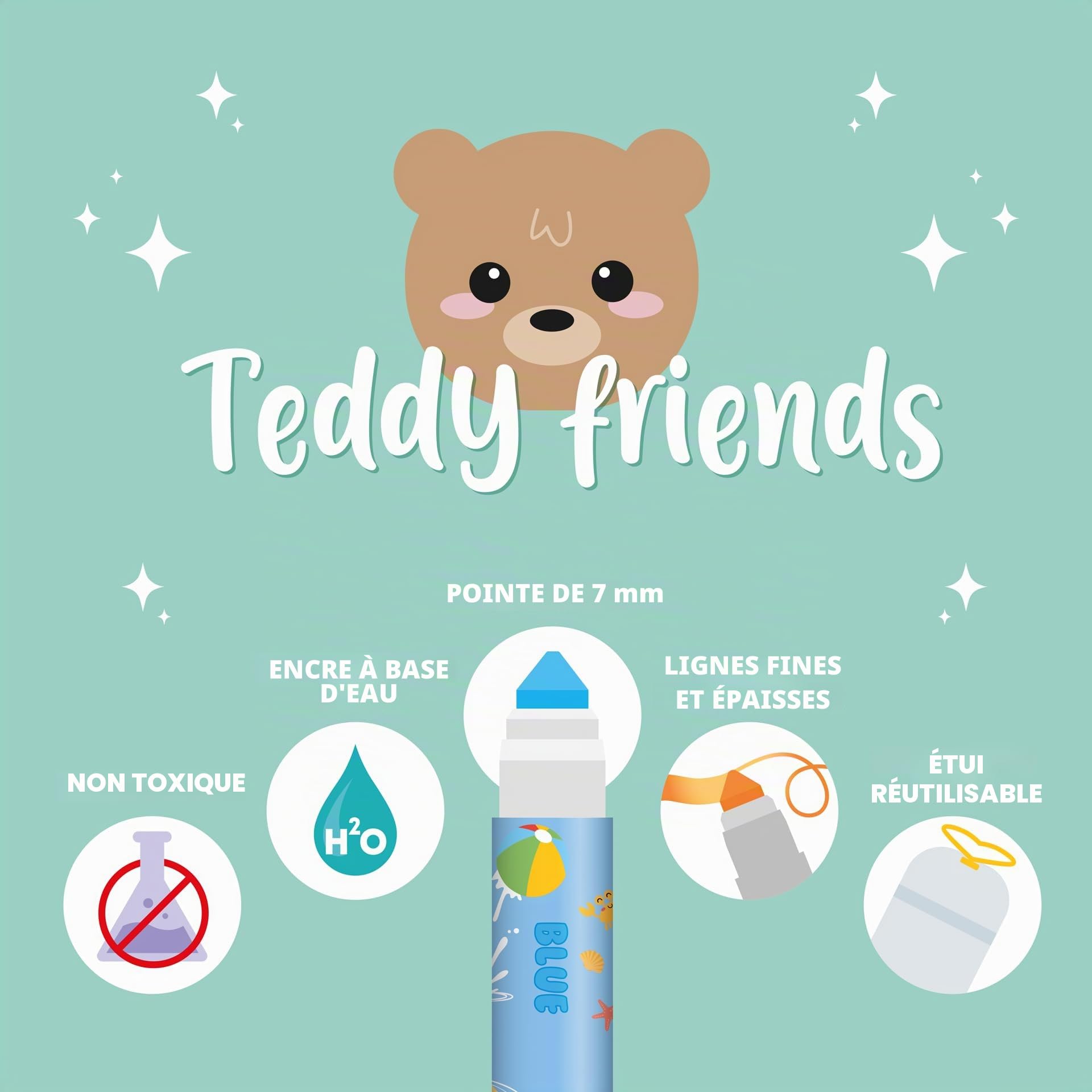 LEGAMI - Lot de 12 feutres - Teddy Friends, 12 couleurs assorties, lavables et non toxiques, pointe anti-retour, traits fins et larges, pour enfants et filles, emballage réutilisable