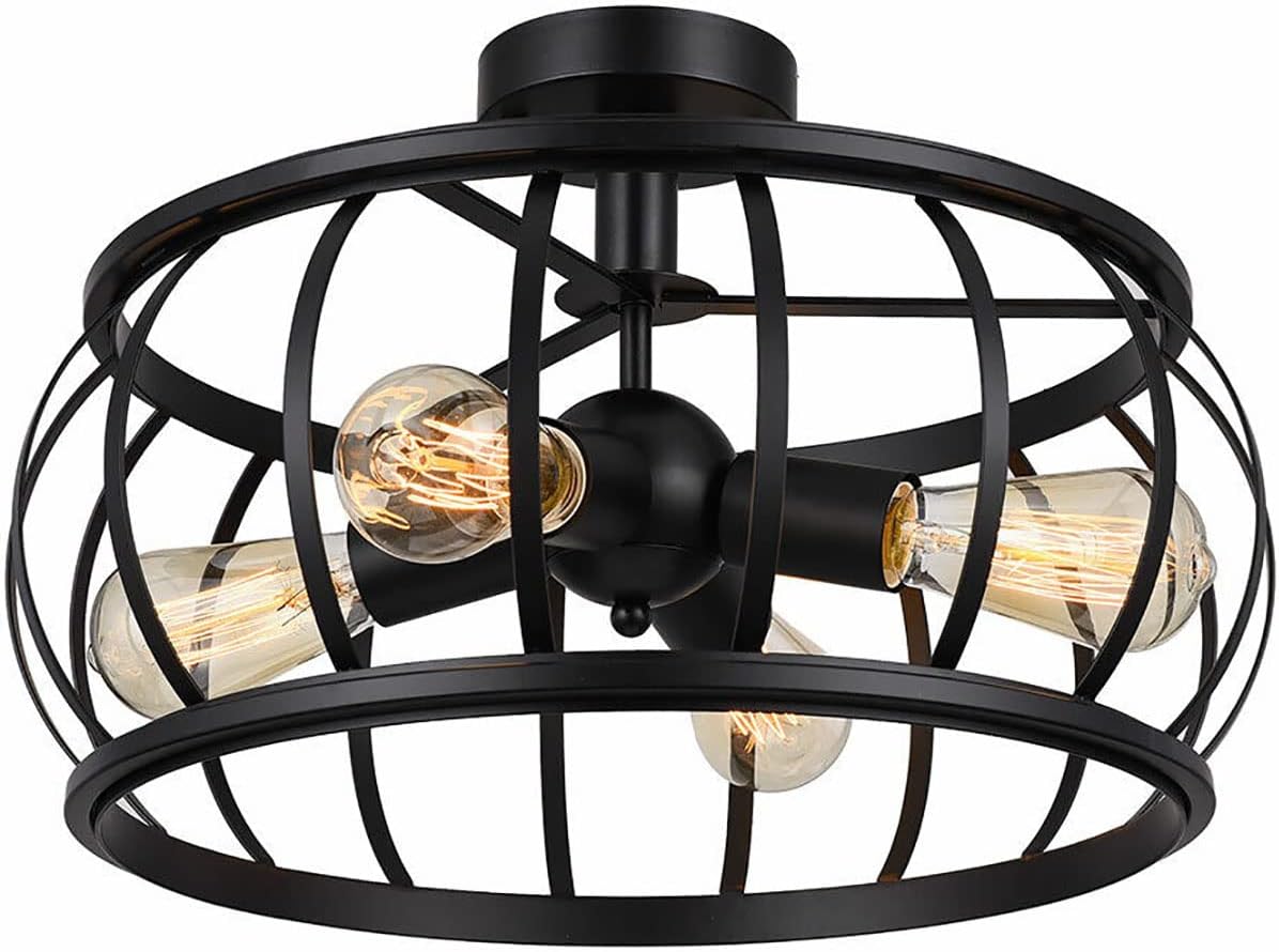 4Light Industrial Cage Ceiling Light Metal Semi Flush Mount Ceiling Lamp Black Finish Pendant