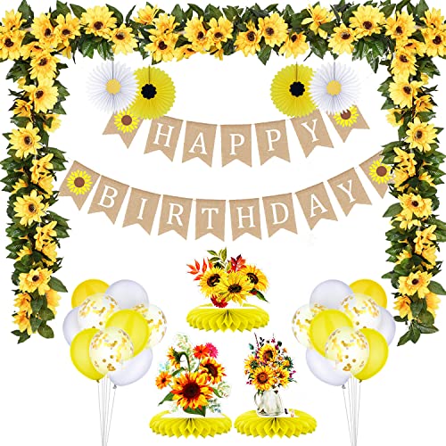 Sunflower Birthday Party Decorations Sunflower Happy Birthday Banner Sunflower Honeycomb Centerpieces Artificial Sunflower Garland Tissue Paper Fans Sunflower Balloon for Birthday Party Supplies